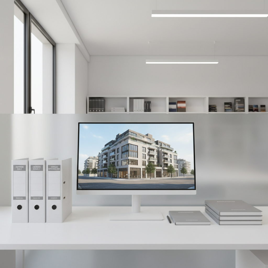 A clean, contemporary architectural rendering displayed on a thin, bezel-less monitor atop a matte white desk, showing a modern multi-story building designed for mixed residential and commercial use. Surrounding the monitor are carefully arranged binders labeled “imprese edili” and “agenzie immobiliari,” alongside a small stack of neatly bound project reports. The office setting is bright and professional, with a glass partition revealing blurred shelves of technical manuals and sample catalogs. Natural daylight filters in from the side, complemented by subtle overhead LED lighting, creating a balanced, neutral illumination. Captured from a slightly elevated angle in photographic realism, the composition uses the rule of thirds, emphasizing clarity, efficiency, and a high-tech yet approachable atmosphere.