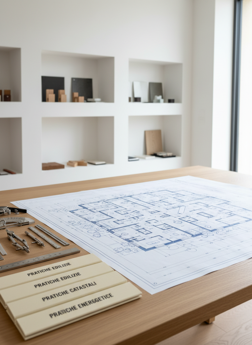 A meticulously organized architectural workspace showcasing a large, detailed floor plan of a modern residential building spread across a smooth, light oak drafting table. High-quality drafting tools, a metal scale ruler, and neatly stacked permit folders labeled with Italian “pratiche edilizie, catastali, energetiche” sit nearby. The scene is set in a bright, minimalist studio with white walls and built-in shelves filled with material samples. Soft, diffused daylight from a wide window creates gentle reflections on the table and crisp shadows along the plan lines. Photographic realism at eye level, with a shallow depth of field that keeps the drawing in sharp focus while the background softly blurs, conveying precision, professionalism, and calm order.