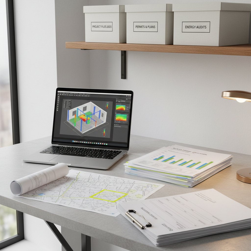An orderly desktop scene featuring an open laptop displaying a BIM interface with layered architectural, structural, and energy analysis views of a small apartment renovation. Beside the laptop lie printed energy performance reports with colored bar graphs, a cadastral map with highlighted parcels, and a neatly clipped stack of building permit applications. The surface is a light grey, matte desk in a quiet, contemporary studio corner with a white wall and a single shelf holding labeled archive boxes. Soft, overcast natural light from a nearby window gently illuminates the papers without harsh reflections, while a discrete desk lamp adds a warm accent. Photographic realism from a slightly elevated, three-quarter angle, with sharp focus on the laptop and documents, evoking methodical precision and reliability.