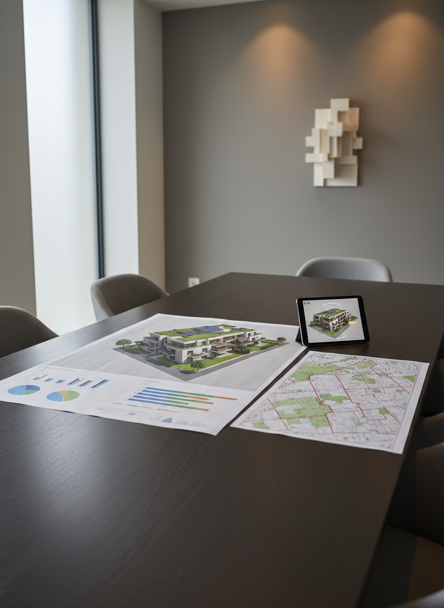 A sleek conference table made of dark, brushed wood displaying a well-organized presentation of an architectural project: a large printed 3D view of an energy-efficient residential building, accompanied by color-coded energy performance charts and cadastral maps. Nearby, a tablet shows the same project in 3D. The room is a refined studio meeting space with a neutral grey wall, minimal decor, and a single architectural model in the background. Soft, indirect daylight enters through a frosted window, enhanced by warm, recessed ceiling lights that cast gentle, focused pools of light on the documents. Photographic realism from a slightly oblique angle with medium depth of field, creating a calm, authoritative mood suitable for private clients and professional partners.