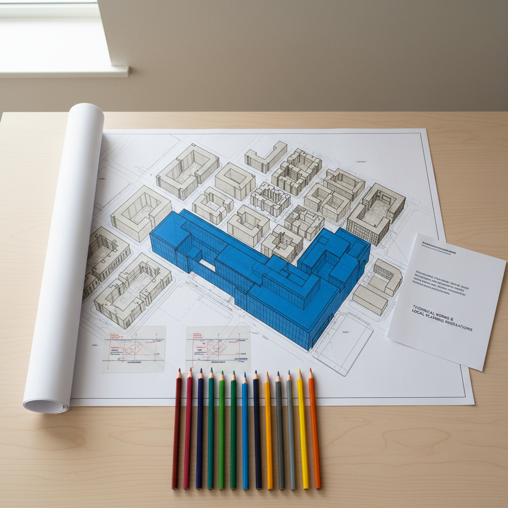 A top-down view of an architect’s desk dedicated to a complex building extension project, with a detailed site plan showing existing structures and a precisely drawn new volume in a contrasting tone. Color-coded pencils align perfectly along the edge of the plan, and small transparent overlays mark utilities and regulatory setbacks. A narrow strip of technical norms and local planning regulations is visible at the side of the desk. The environment is a tidy, professional studio with a neutral backdrop, captured in soft, natural daylight that creates subtle gradients across the paper. Photographic realism with crisp focus throughout, emphasizing clarity, structure, and the careful integration of new architectural design into an existing urban fabric.