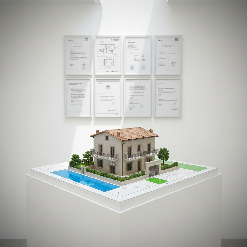 A finely detailed, physical architectural model of a small Italian residential building placed on a pristine white plinth in a minimalist studio. The model shows textured roof tiles, accurate balconies, and carefully indicated green spaces, with colored overlays on the baseboard illustrating zoning and cadastral boundaries. Behind the model, neatly mounted on the wall, are framed technical drawings and energy performance certificates arranged in a precise grid. Bright, even natural daylight from an unseen skylight creates crisp, shadowed contours along the model’s façades, highlighting material detail. Shot at eye level in photographic realism, with a gentle vignette that keeps attention on the model, the image communicates rigorous design, regulatory expertise, and an elegant, professional aesthetic.
